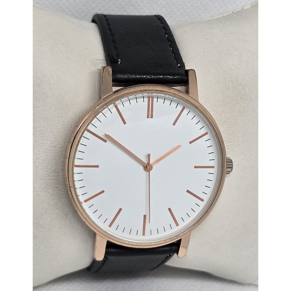 Men's Minimalistic Round White Dial Rose Gold Tone Black Leather Strap Watch 08 - Picture 3 of 8